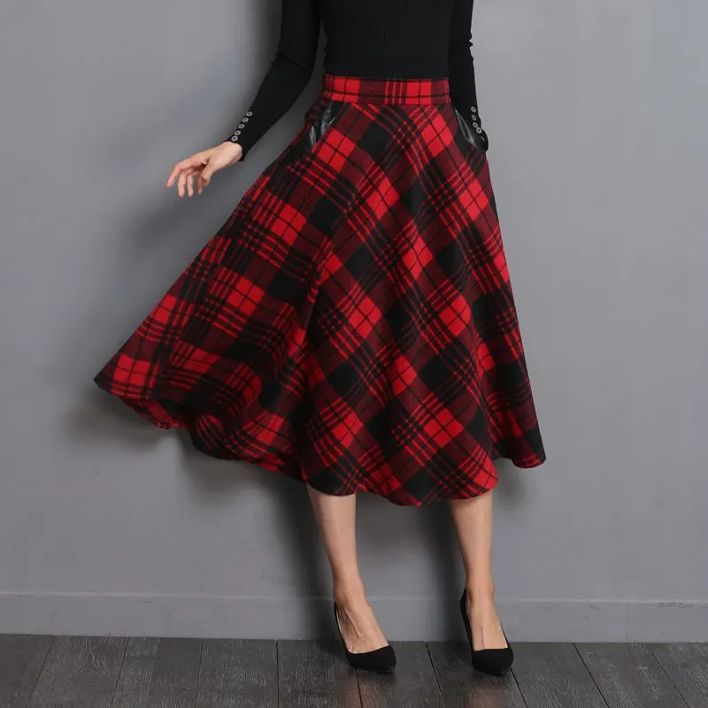 Vente Neophil angleterre Style rouge Plaid taille haute Midi jupes en laine grande taille 3XL une ligne plissée 2019 hiver femmes Tartan jupes S1735