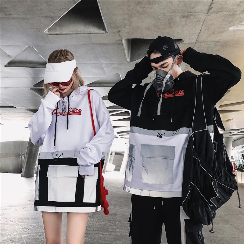 Autumn Hooded Hip Hop Splice Reflective Pocket Men Hoodie