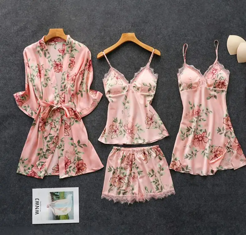 Летние женские пижамные комплекты из 4 предметов, атласная пижама, майка без рукавов+ шорты+ банный халат, кружевная Шелковая пижама - Цвет: Pink C