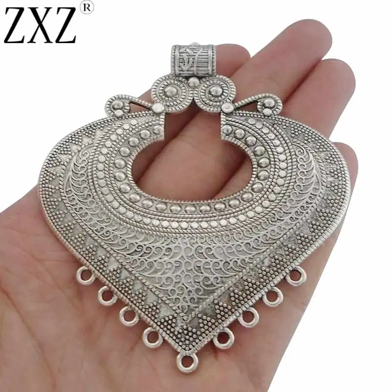 ZXZ 2pcs Etnico Grande Cuore Connettore Pendenti E Ciondoli Pendenti Con Gemme E Perle per la Collana Monili Che Fanno I Risultati 85x74mm