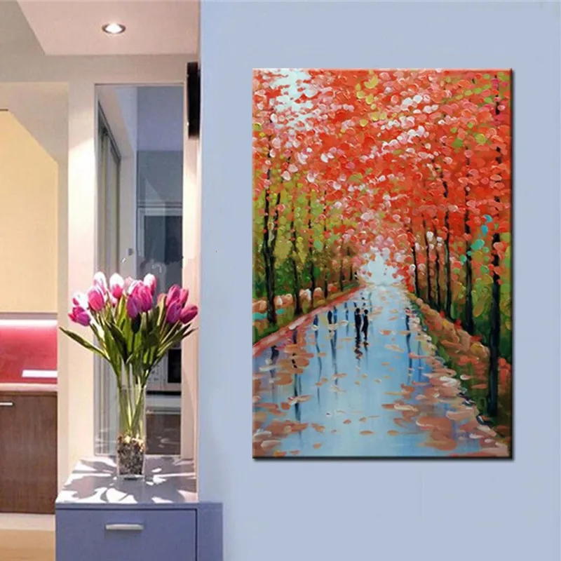 

Modern Home Decor Wall Art Large Knife Natural Red Trees Scene Painting Hand Painted Abstract Landscape Oil Paintings on Canvas