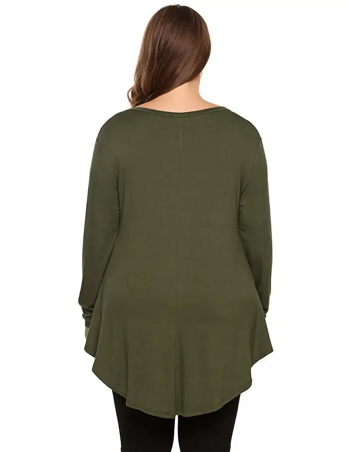 IN'VOLAND размера плюс женские футболки топы XL-5XL Весна Осень Мода v-образным вырезом с длинным рукавом Твердые ассиметричные пуловеры с подолом Большие размеры