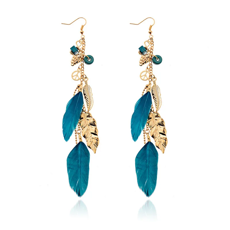 

Women's Vintage Long Bohemian Leaf Feather Hanging Drop Earrings Indian Jewelry Female Chain Pendant Tassel Earring Oorbellen