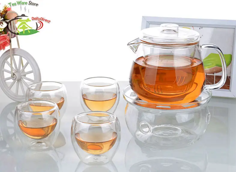 

1x Heat Resistant Glass Tea Set -485ml Handmade Clear Flower Teapot +4x 90ml Double Wall Cups + Warmer A