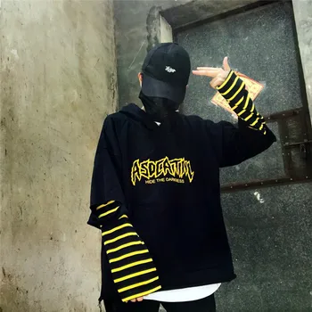 

Lychee Girls Stripe Patchwork Hole Hooded Sweatshirt Long Sleeve Fake 2 Pieces Women Hoodies Spring Autumn Casual Loose Pullover