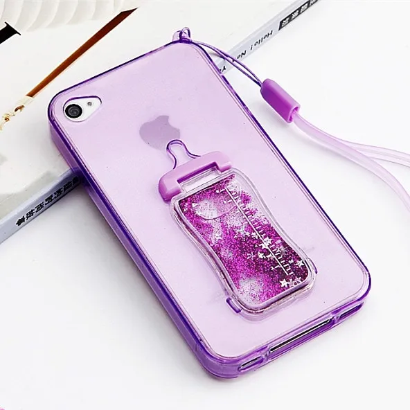 

3D Cartoon Cute Baby Bottle Clear Phone Case for IPhone 7 8 Transparent Case Kawaii Quicksand Cover Purple with Lanyard