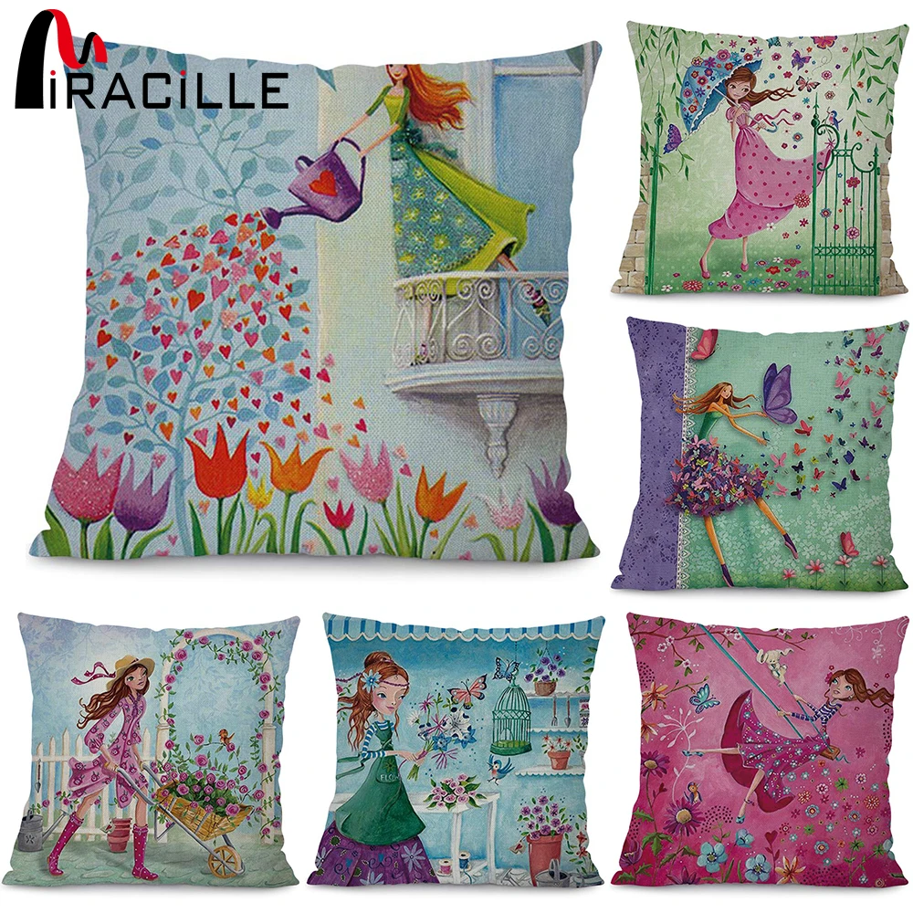

Miracille Square 18" Flowers Girls Printed Cartoon Sofa Throw Cushions Butterfly Living Room Decorative Pillows Without Filling
