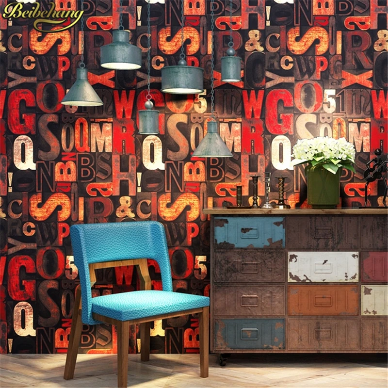 

beibehang wallpaper stereo nostalgic English alphabet barber shop restaurant bar clothing store KTV background wall paper roll