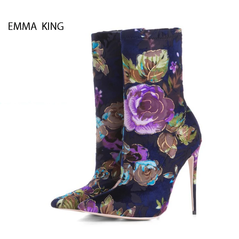 As Pointu Stretch Hauts Bout Populaire Picture Bottes Talons Couleurs Automne Mujer Mince Pour Rome Style Mélangées Botas Cheville Printemps Chaude Fleurs Femmes wSR46S