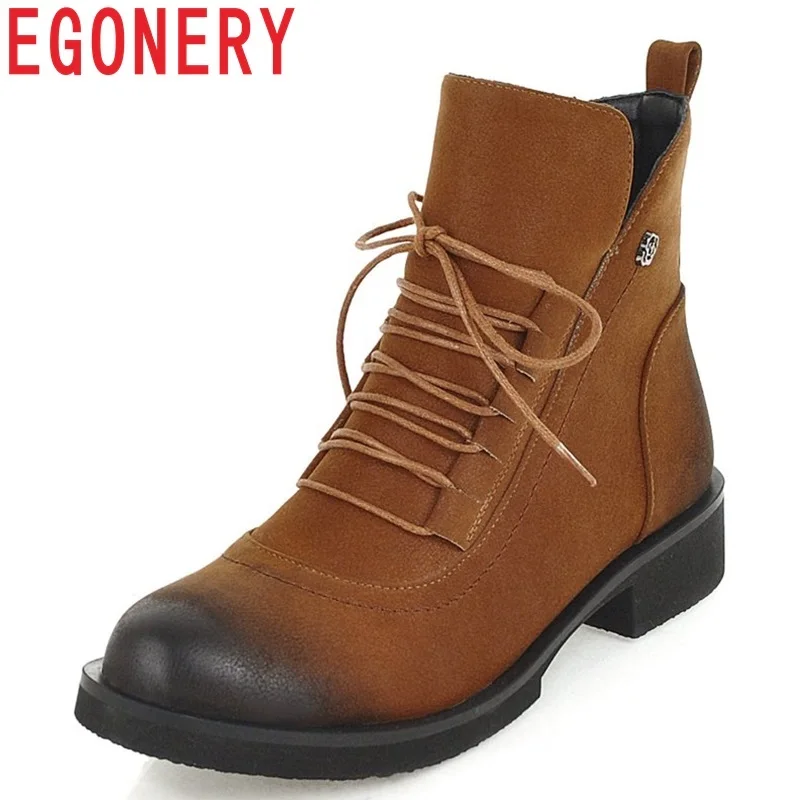 

EGONERY 2019 new winter concise warm nubuck booties round toe low square heel platform zip and lace-up large size shoes women