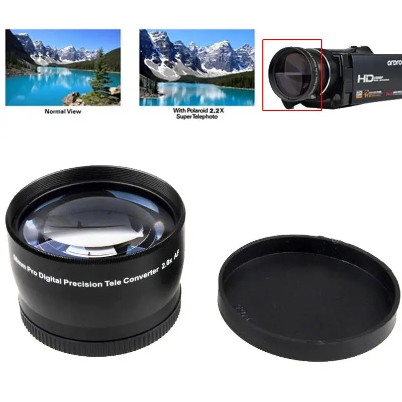Kopen Cewaal Teleconvertor 2 Keer Zwart voor Digitale Video Camera DV Duurzaam Professionele Sport Actie Video Camera Accessoires Gift