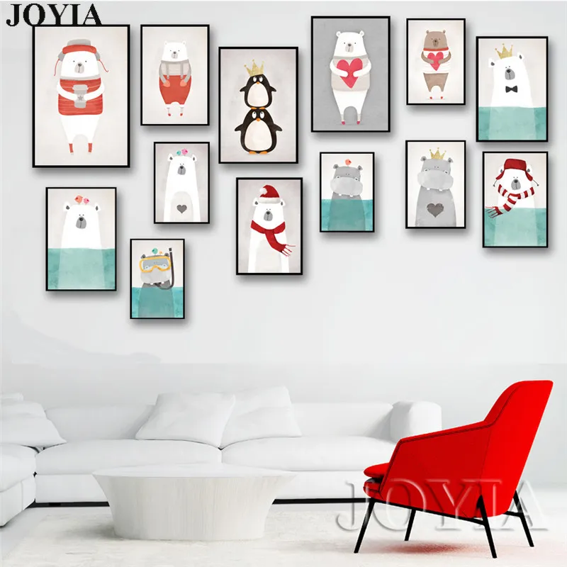 

Cartoon Polar Bear Hippo Canvas Wall Art Posters Print Nordic Penguin Pictures For Kids Baby Boy Girl Room Wall Decor No Frame