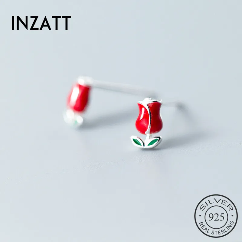 

INZATT Pure S925 Sterling Silver Romantic Stud Earrings For Fashion Women Cute Wedding Party Red Enamel Rose Flower Fine Jewelry