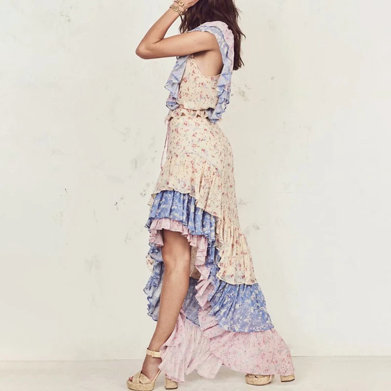 Каникулы женщин из двух частей милые наборы Лето Элегантный с цветочным принтом, шифоновые топ+ каскадные оборки миди стандартная юбка набор