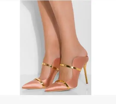 Пикантные женские босоножки с серебристыми ремешками на высоком каблуке без шнуровки, с острым носком, из яркого золотистого атласа, стильные женские босоножки с вырезами - Цвет: as picture