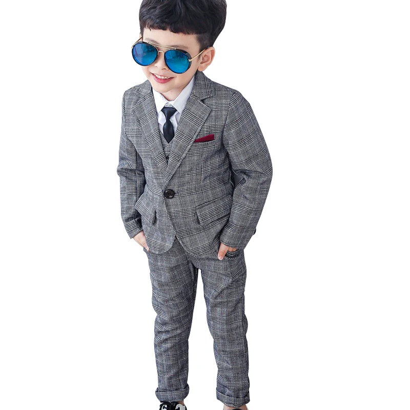 

2019 Boys Dress Suits Checked Formal Kids Wedding Suits Blazer Vest Pants 3PCS Children Marriage Costume Gray Baby Boys Clothes