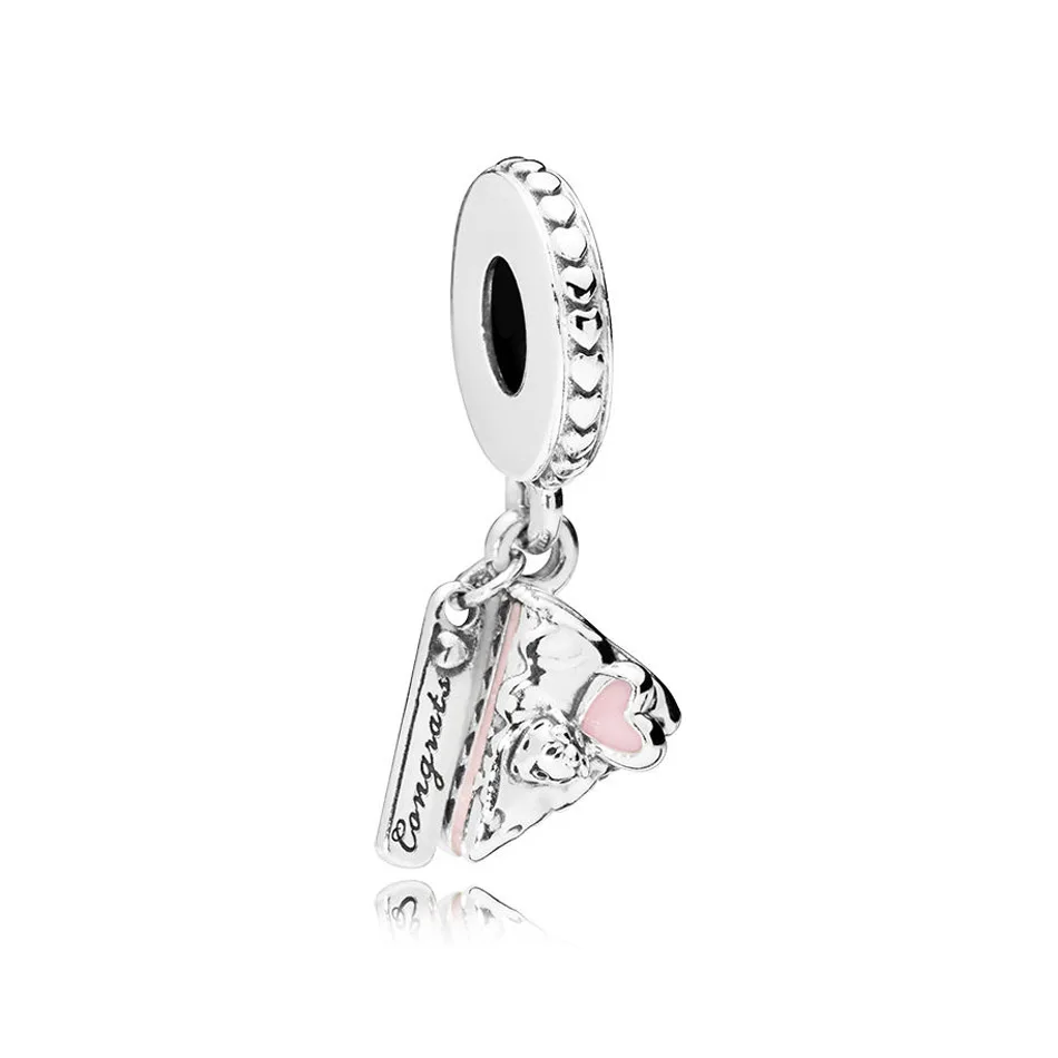

925 Sterling Silver Pendant Bead Charm fit Pandora Bracelet Celebration Cake Dangle Charm Mixed Enamel Pink Heart DIY Jewelry