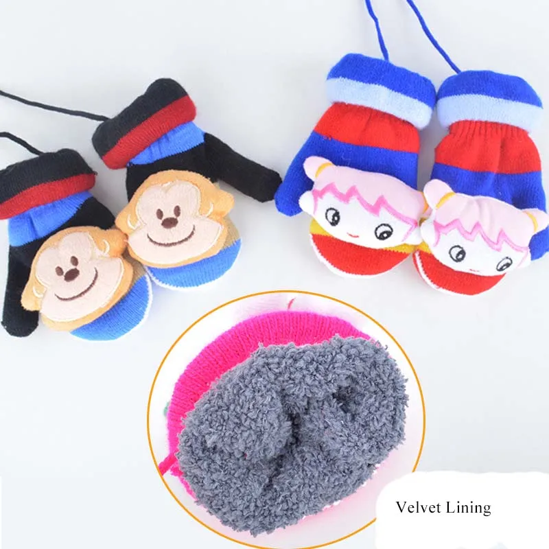 2-6 Years Kids Gloves Boys Girls Plus Velvet Knitted Gloves Fingerless Winter Plush Warm Mittens Cute Cartoon Children Gloves