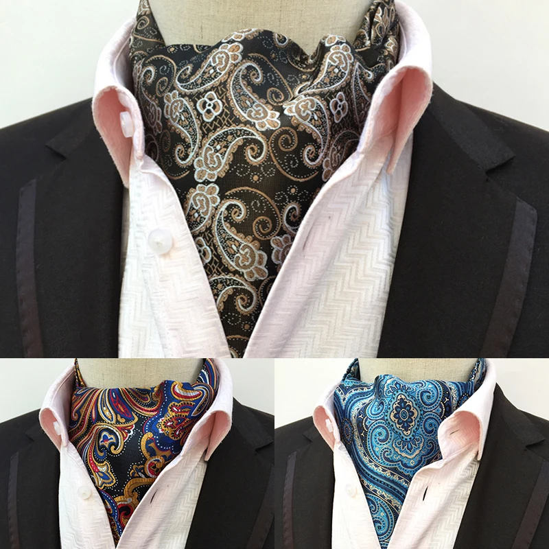 Ricnais Quality Men Ascot Neck tie Vintage Paisley Floral Jacquard Silk Necktie Cravat Tie Scrunch Self British style Gentleman