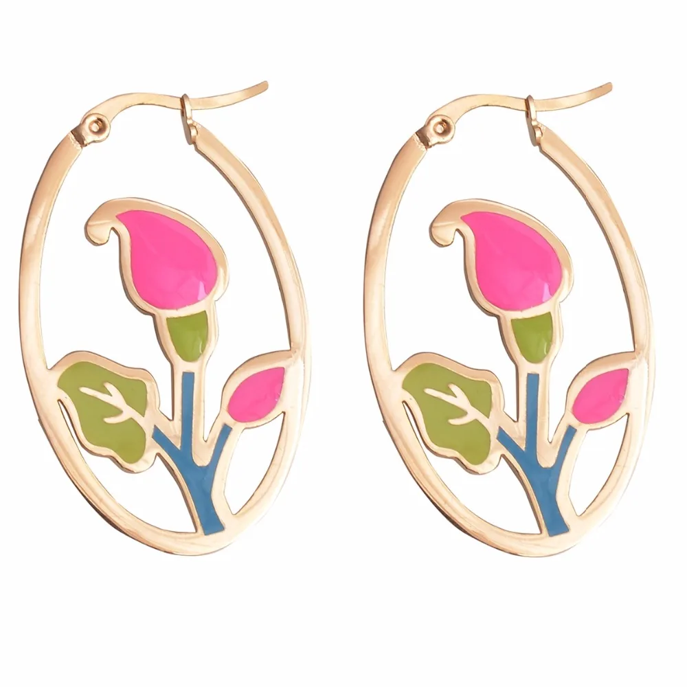 Pink Rose Flower Earrings Stainless Steel Gold Tone Enamel Hoop
