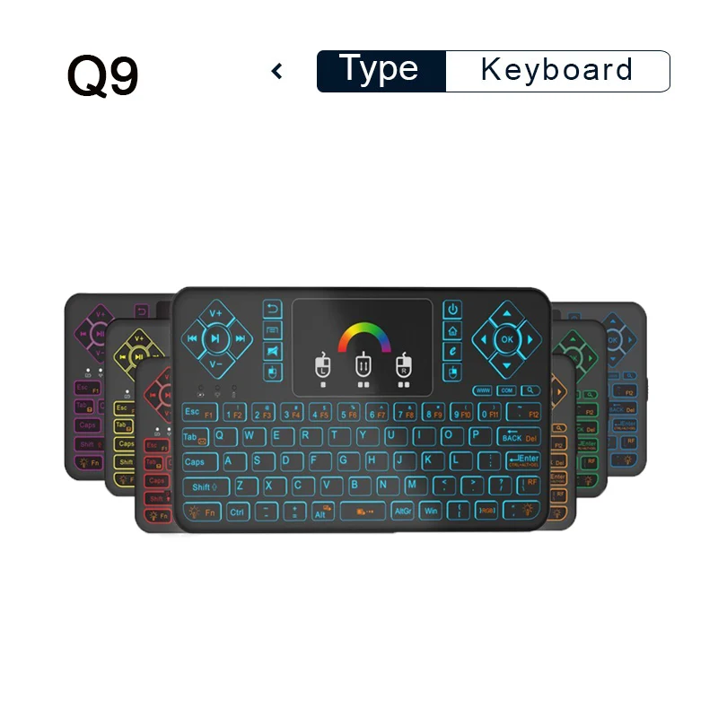 

Q9 Mini KB 2.4GHz Wireless 433MHZ Mini Keyboard Seven Colurful Backlight Touchpad For Android TV Box Computer TV Projectors More