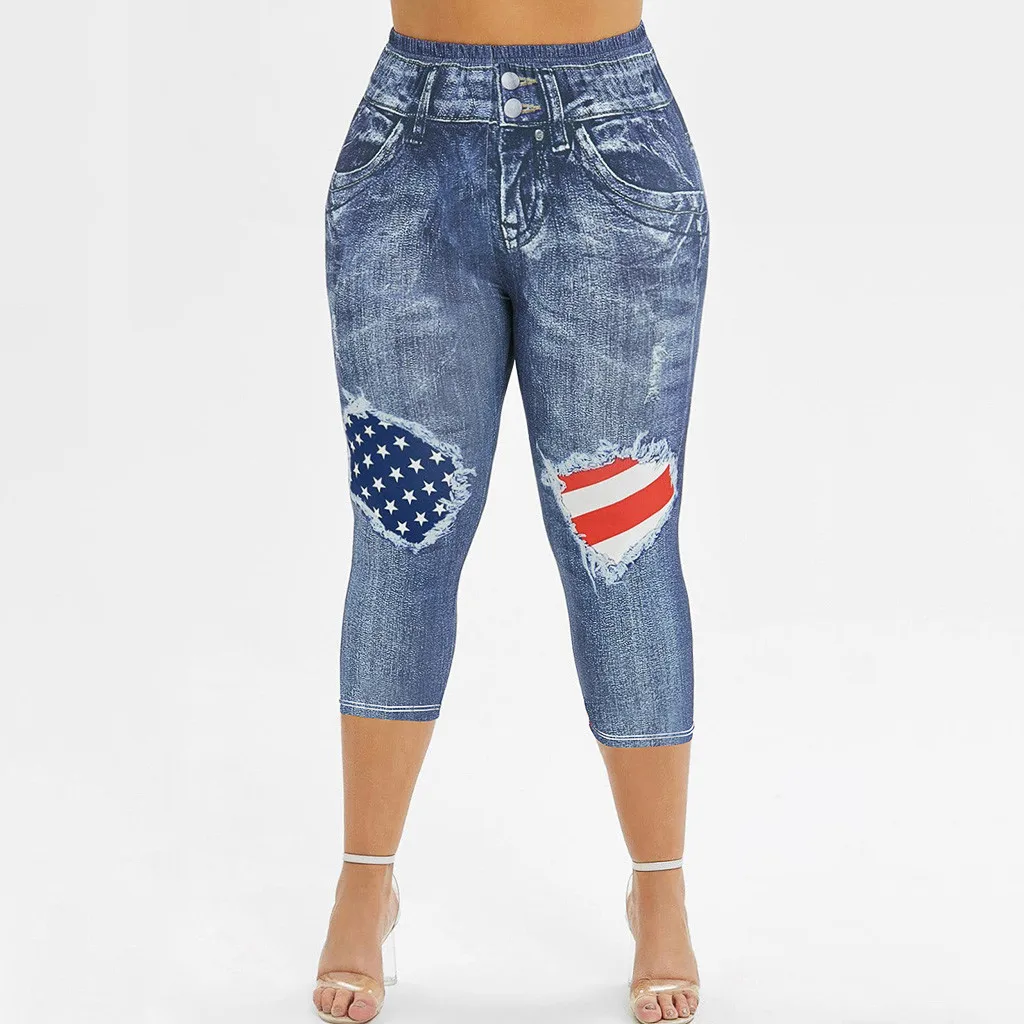 Ladies large size flag printed pants blue Summer Casual Trousers American Flag Printed Skinny Capri Plus Size Standard Pants 6.8 | Женская