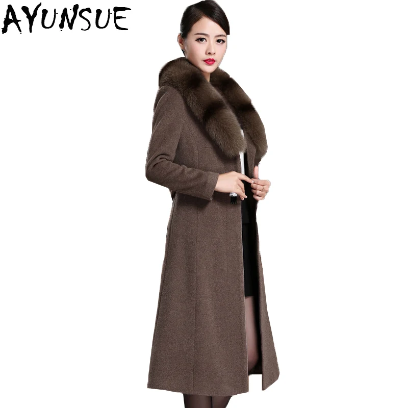 AYUNSUE New Autumn Winter Women Wool Coat Super Quality Natural Fox Fur