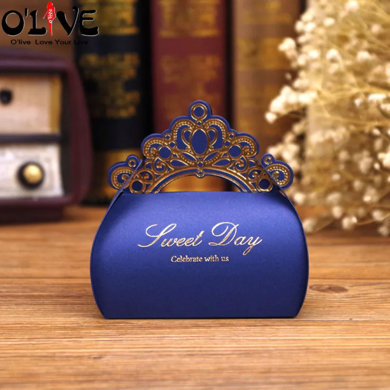 50 шт. Корона Свадебная коробка подарочные коробки для конфет на день рождения вечерние сувениры картонная коробка драже сумки Бонбоньерки украшения Baby Shower - Цвет: Blue