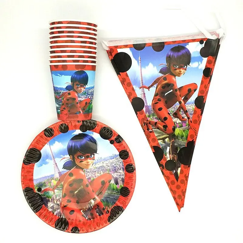 60PCS/lot Miraculous Ladybug 20 plates + 20cups+ 20 flag happy birthday