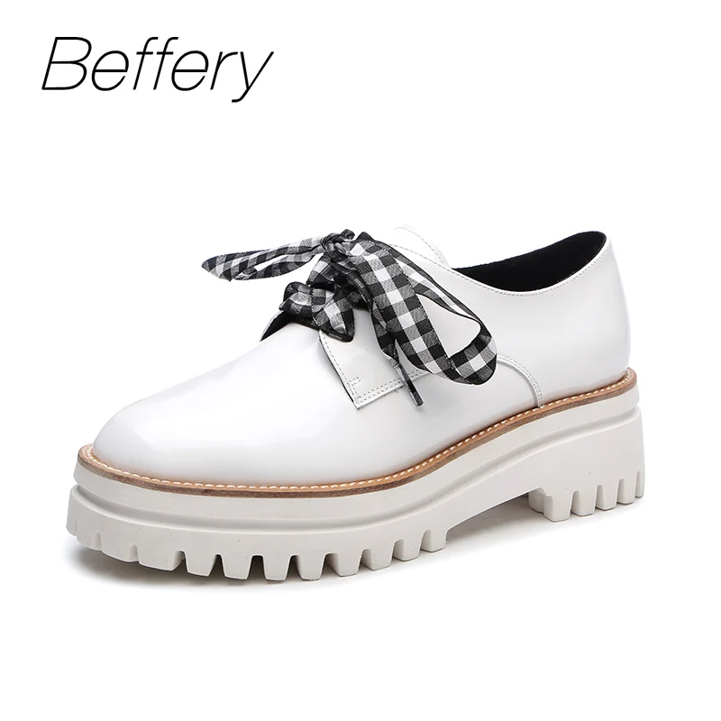 

Beffery 2018 British Style Patent Leather Flat Shoes Fashion Thick bottom Platform Shoes For Women Lace-up Casual Shoes A18A309