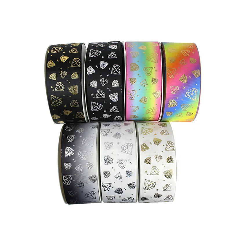 

75092,3" 75mm 50 yards Rainbow gradient Grosgrain ribbon+Gold and Silver hologram foil diamond DIY handmade bow headdress