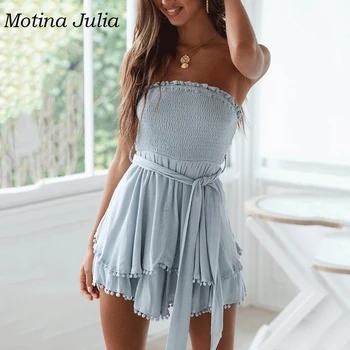 

Motina Julia cute pom pom tassels jumpsuit romper women strapless bow short romper boho beach 2019 summer playsuit