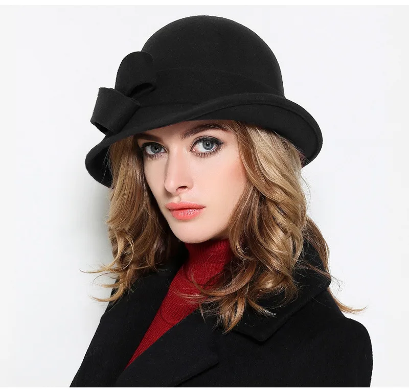 Women Party Formal Headwear Lady Winter Fashion Asymmetric Bowknot 100% Wool Felt Hats straw bucket hat