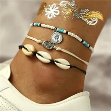 Boho, натуральная морская раковина, браслет для щиколоток с камнем для женщин, деревянная бусина, Морская раковина, браслет на лодыжку, на ногу, цепочка, воск, веревочный браслет на ногу, Пляжная бижутерия