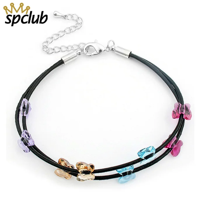 Женский браслет с бабочками и кристаллами Swarovski Модный Ювелирный кожаный на