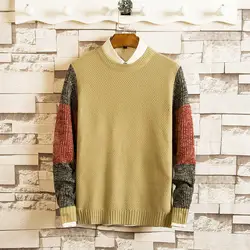 2018 новый осень модный бренд Повседневное Сращивание свитер с круглым вырезом хаки Slim Fit Вязание Для мужчин свитера и пуловеры Для мужчин