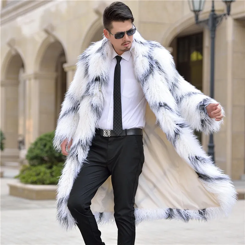 

S-3XL Fall winter men fashion normic faux fur overcoat trench coat men's long design turn-down collar furry coats outerwear