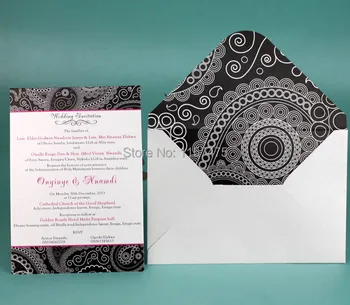 

Free Shipping ! HI1037-Popular India Style Black and White Wedding Invitation Card with Hot Pink Element