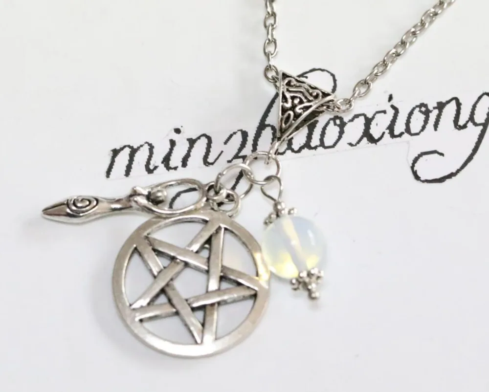 

Statement Chain Fashion Vintage Jewelry Antique Silver Pentagram & Earth Goddess&Beads Charms Necklace&Pendant Witch Pagan Goth