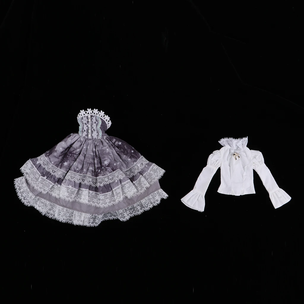

2pcs Gray Princess Lace Skirt and White T-shirt Suit Formal Party Accs for 1/4 BJD Doll