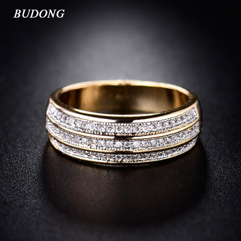 BUDONG, размер 6-9, модный роскошный трехрядный женский браслет на палец, золотого цвета, кольцо на палец, кристалл, CZ Циркон, свадебные ювелирные изделия XUR261