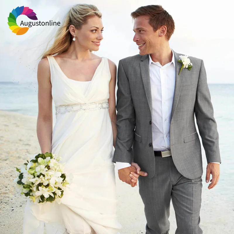 Gray Beach Wedding Suits Groom Tuxedos Slim Fit Bridegroom Men Suits 2 Pieces (Jacket+Pants) Best Man Prom Wear Costume Homme white men suits wedding suits bridegroom groom custom tuxedos best man blazer prom slim fit casual 2piece costume homme mariage