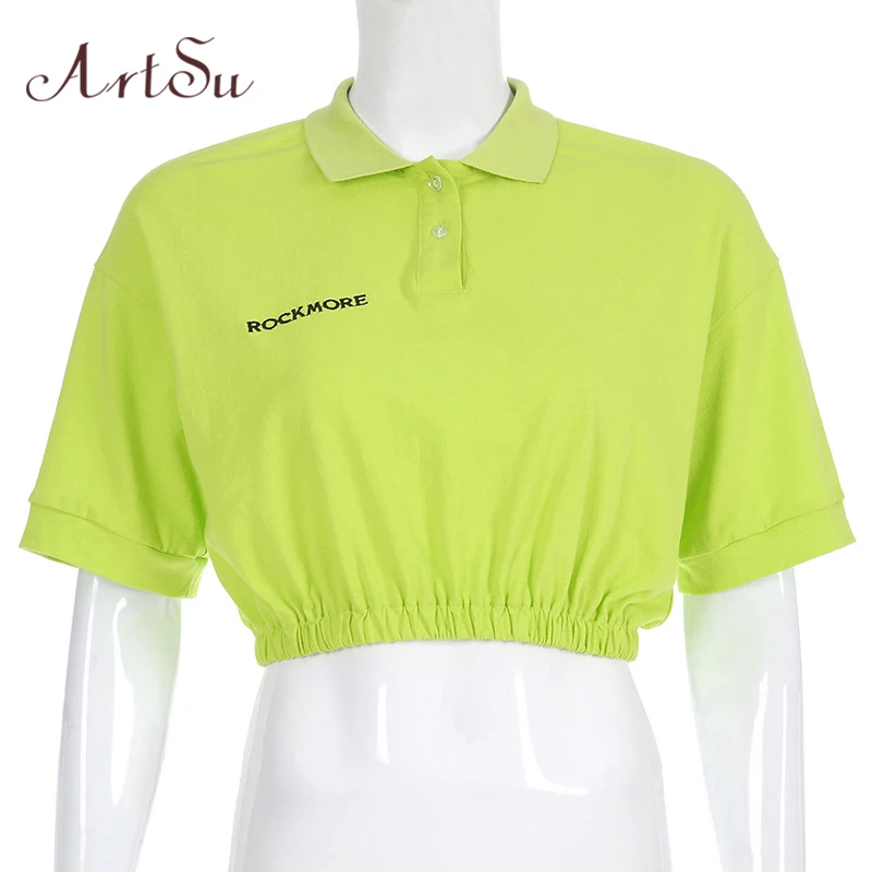 ArtSu Vogue футболка неоновый укороченный Топ для женщин s футболки повседневные Хлопковые женские с коротким рукавом с отложным воротником уличная одежда ASTS20820 - Цвет: Зеленый