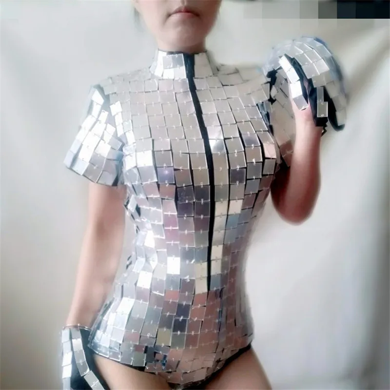 

RE15 Party silver mirror bodysuit stage costumes mirror outfits female sequin mirror jumpsuit bar perform show wear dress clothe