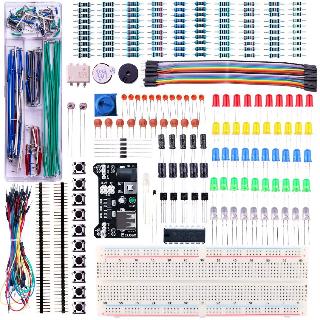 

Upgraded Electronics Kit Power Supply Module, Jumper Wire, Precision Potentiometer, 830 tie-points Breadboard for Arduino