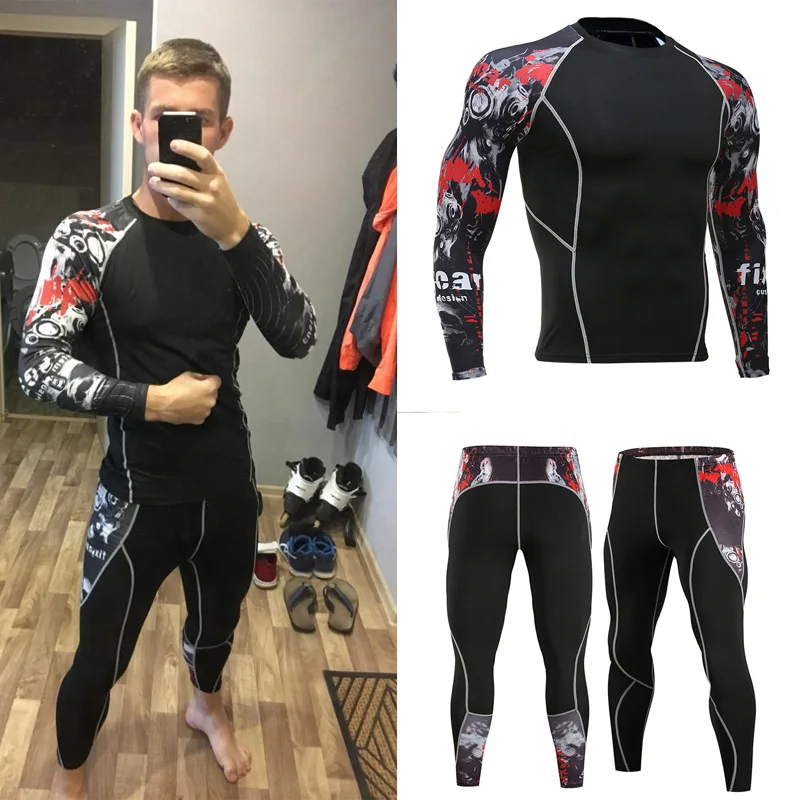 

New Men Workout Set Gym Training Compression Tights shirts Sportswear Running Shirts Man Reshgard MMA FUC Track Suit Gym Man