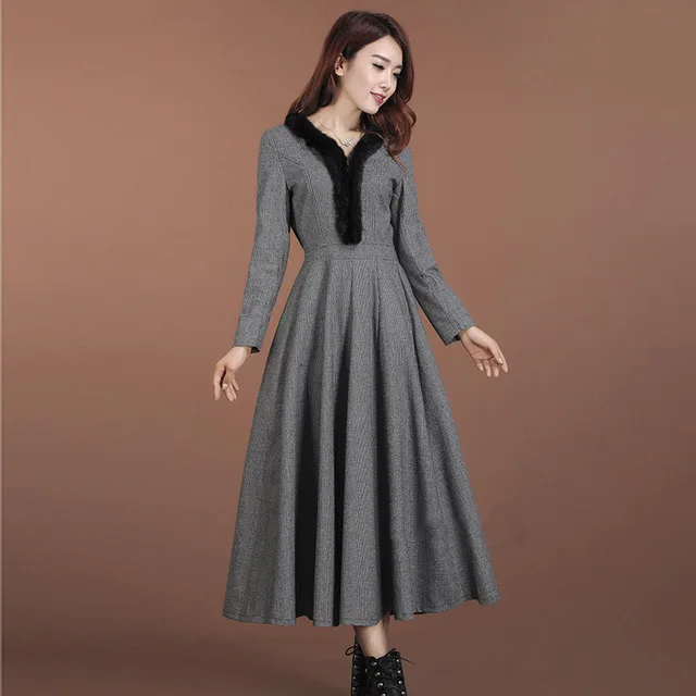 Twods 2016 new autumn and winter long wool dress fur collar grey wool maxi dress swing warm
