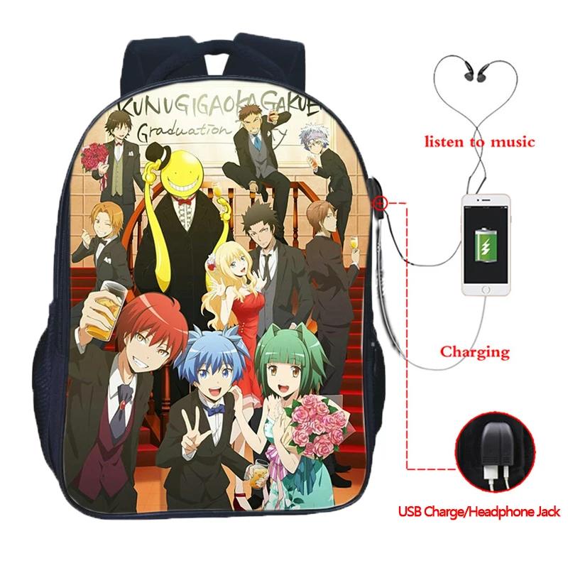 Высококачественный школьный рюкзак Ansatsu Kyoushitsu с usb зарядкой модный двойным