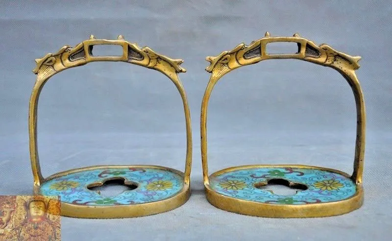 

wedding decoration 5"Chinese bronze Cloisonne Gilt animal Dragon statue Horse Stirrup Stirrups pair