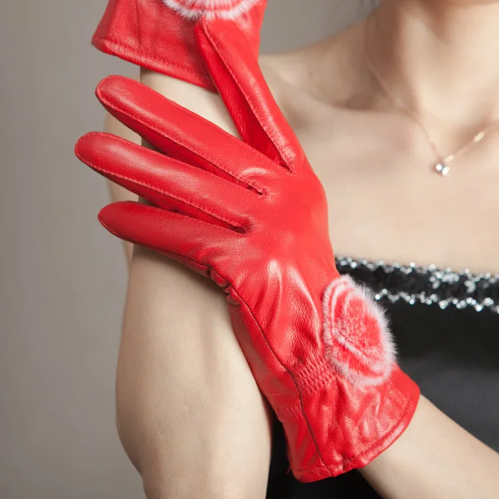 Lady Genuine Leather Gloves Women's Sheepskin Warm Mittens Female